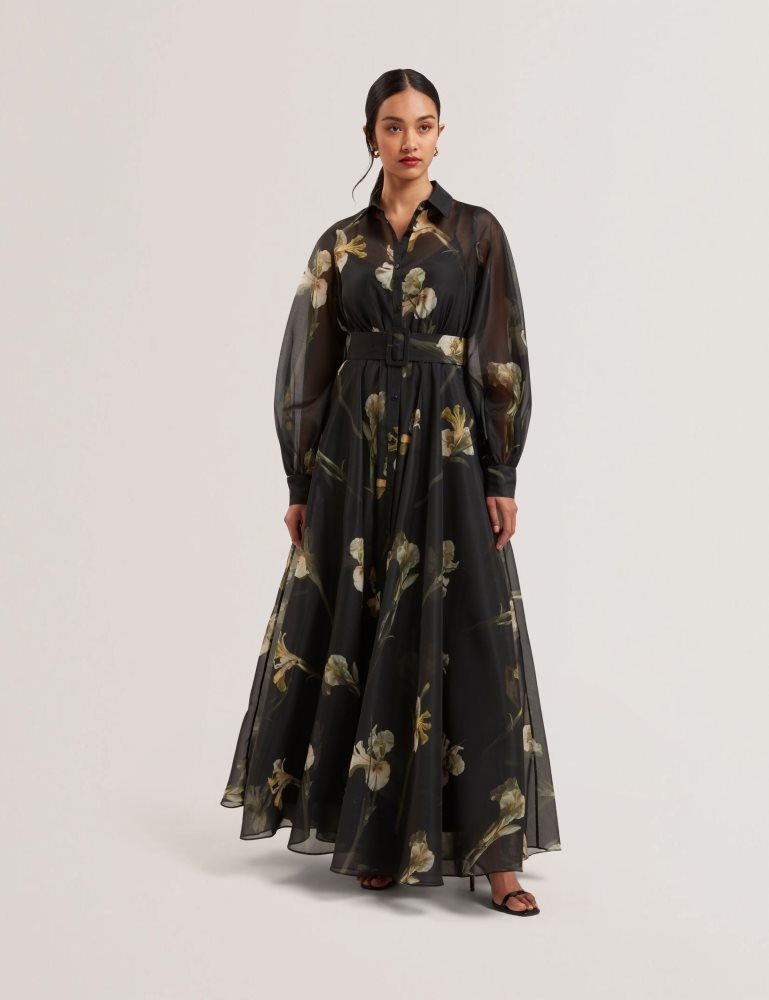 Ted Baker Liorral - Floral Organza Belted Maxi Shirt Dress Kleid Damen Schwarz | 816350-UCG