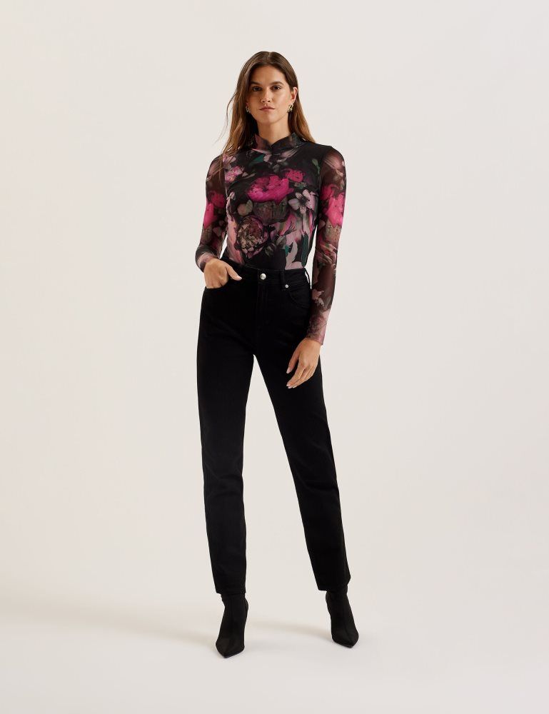 Ted Baker Lisanna - Printed High Neck Fitted Mesh Top T-shirts Damen Schwarz | 197802-JGM