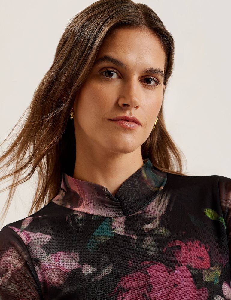 Ted Baker Lisanna - Printed High Neck Fitted Mesh Top T-shirts Damen Schwarz | 197802-JGM