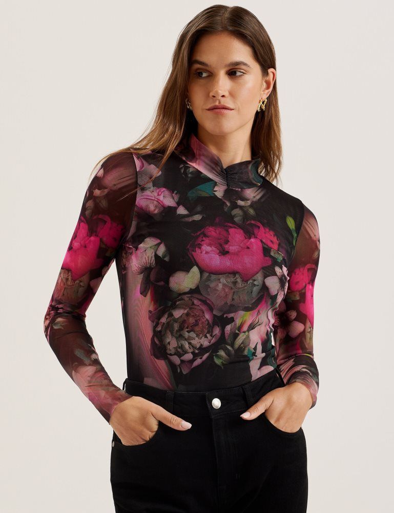 Ted Baker Lisanna - Printed High Neck Fitted Mesh Top T-shirts Damen Schwarz | 197802-JGM
