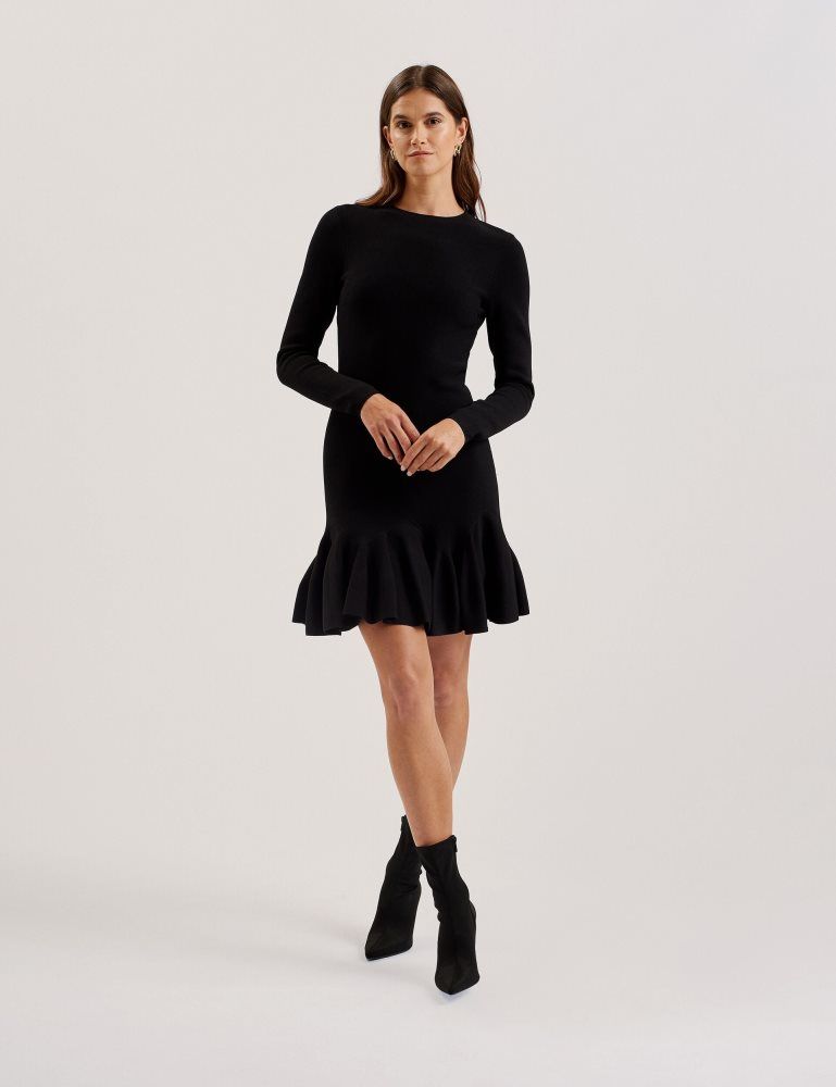 Ted Baker Loisss - Flounce Hem Long Sleeve Knitted Mini Dress Kleid Damen Schwarz | 487195-SOI