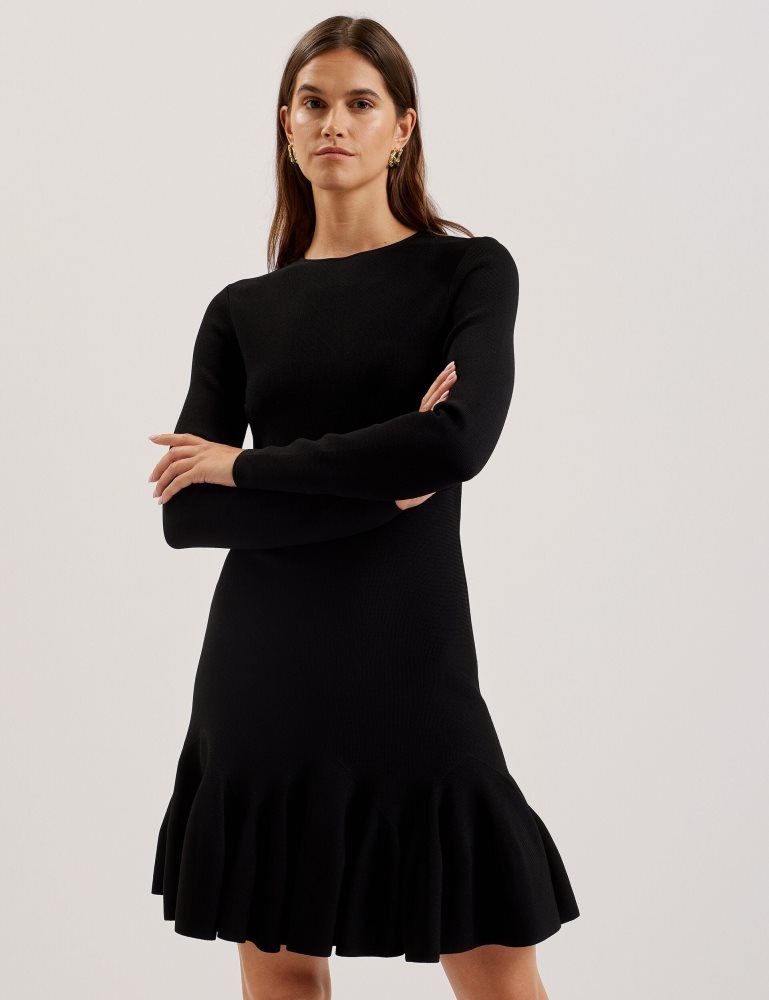 Ted Baker Loisss - Flounce Hem Long Sleeve Knitted Mini Dress Kleid Damen Schwarz | 487195-SOI
