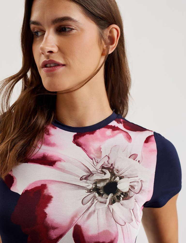 Ted Baker Louannn - Placement Print Crew Neck Fitted T-shirt T-shirts Damen Navy | 047319-ZFW