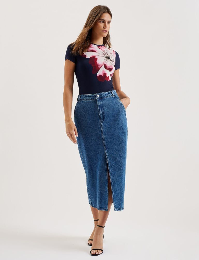 Ted Baker Louannn - Placement Print Crew Neck Fitted T-shirt T-shirts Damen Navy | 047319-ZFW