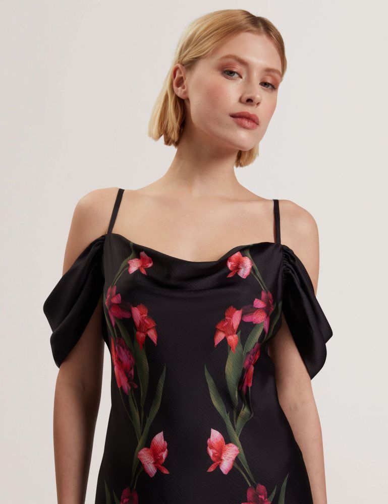Ted Baker Lucern - Floral Satin Off Shoulder Bias Midi Dress Kleid Damen Schwarz | 217843-SEY