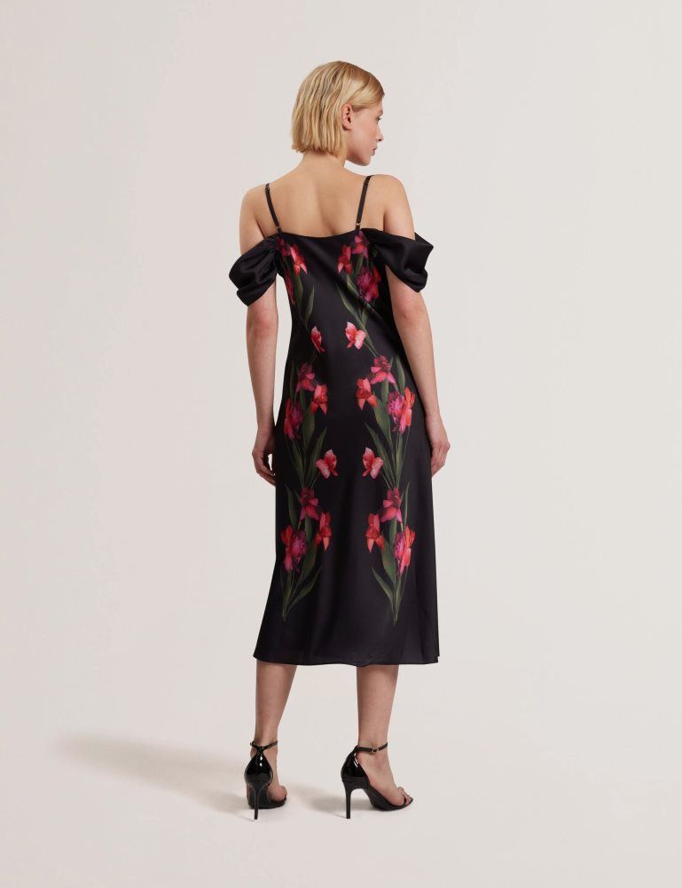 Ted Baker Lucern - Floral Satin Off Shoulder Bias Midi Dress Kleid Damen Schwarz | 217843-SEY