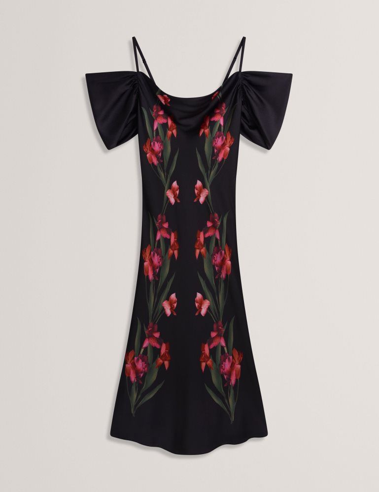 Ted Baker Lucern - Floral Satin Off Shoulder Bias Midi Dress Kleid Damen Schwarz | 217843-SEY