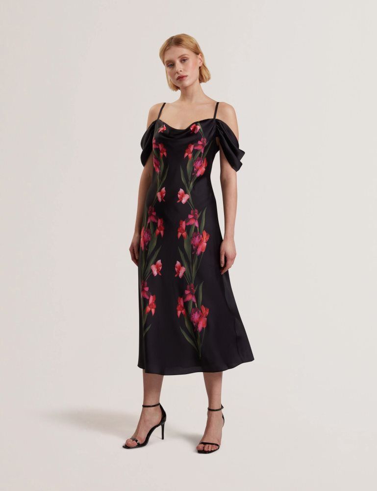Ted Baker Lucern - Floral Satin Off Shoulder Bias Midi Dress Kleid Damen Schwarz | 217843-SEY