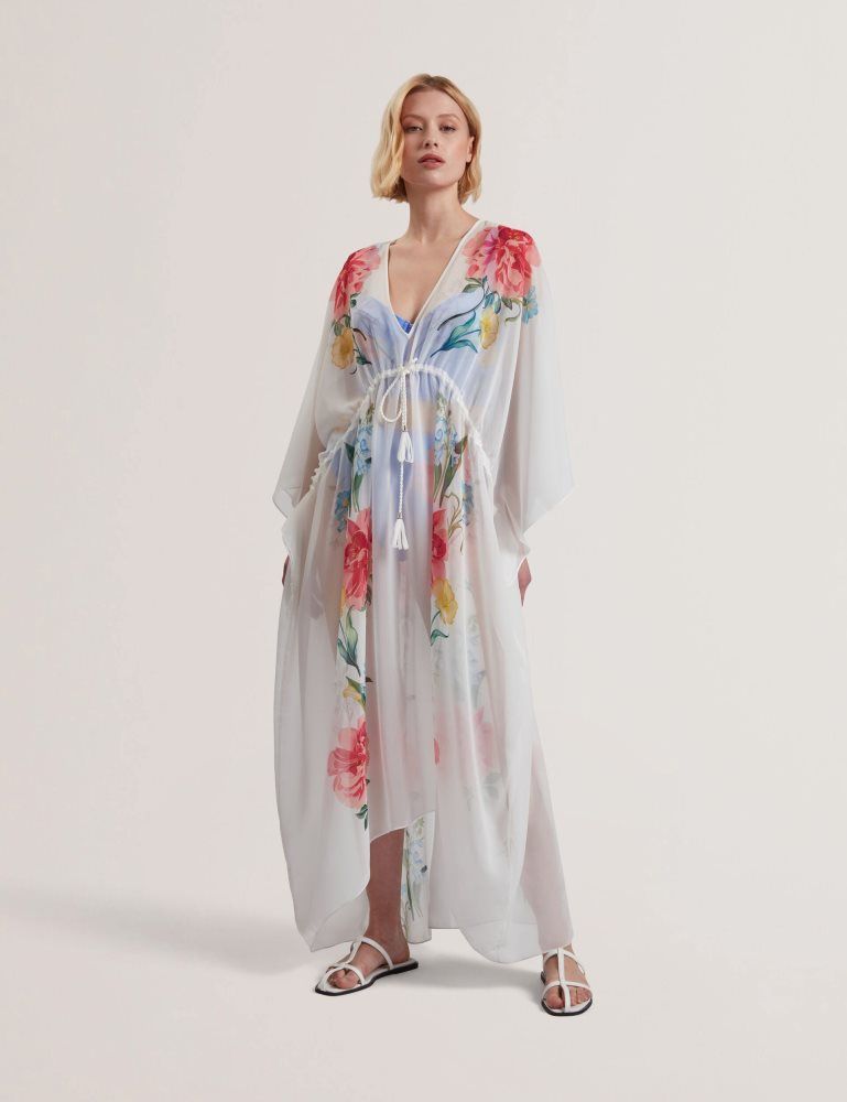 Ted Baker Luusaa - Floral V-neck Maxi Kaftan Beach Dress Bademode Damen Weiß | 103596-DUH