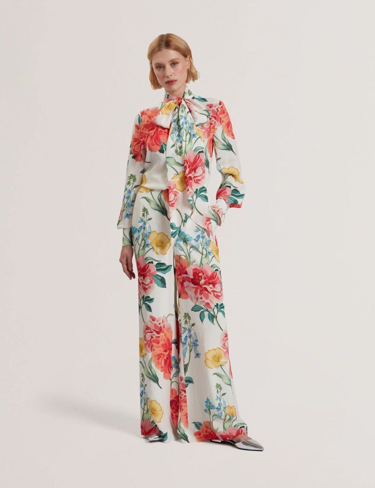 Ted Baker Luusile - Floral Print Tie Neck Long Sleeve Blouse T-shirts Damen Weiß | 960841-PRB