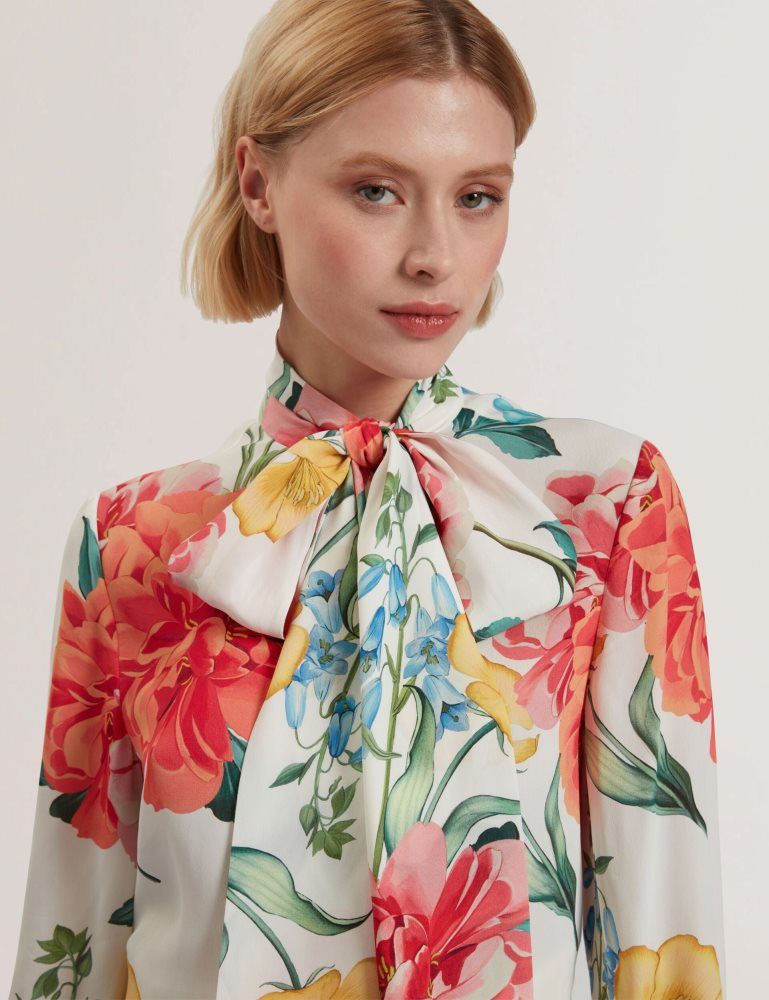 Ted Baker Luusile - Floral Print Tie Neck Long Sleeve Blouse T-shirts Damen Weiß | 960841-PRB