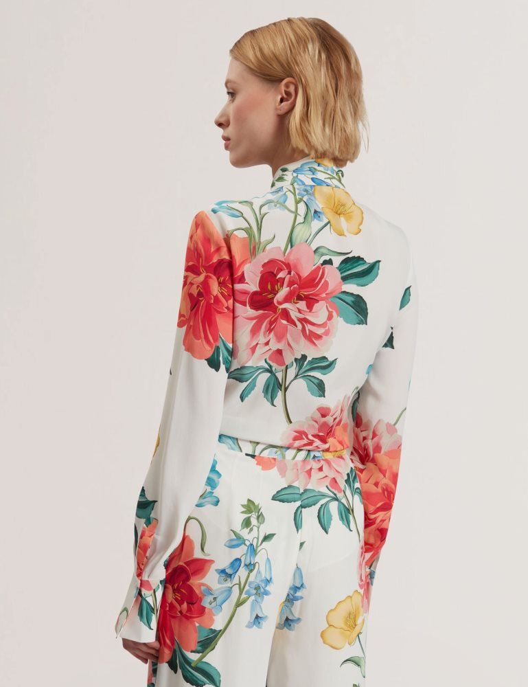Ted Baker Luusile - Floral Print Tie Neck Long Sleeve Blouse T-shirts Damen Weiß | 960841-PRB