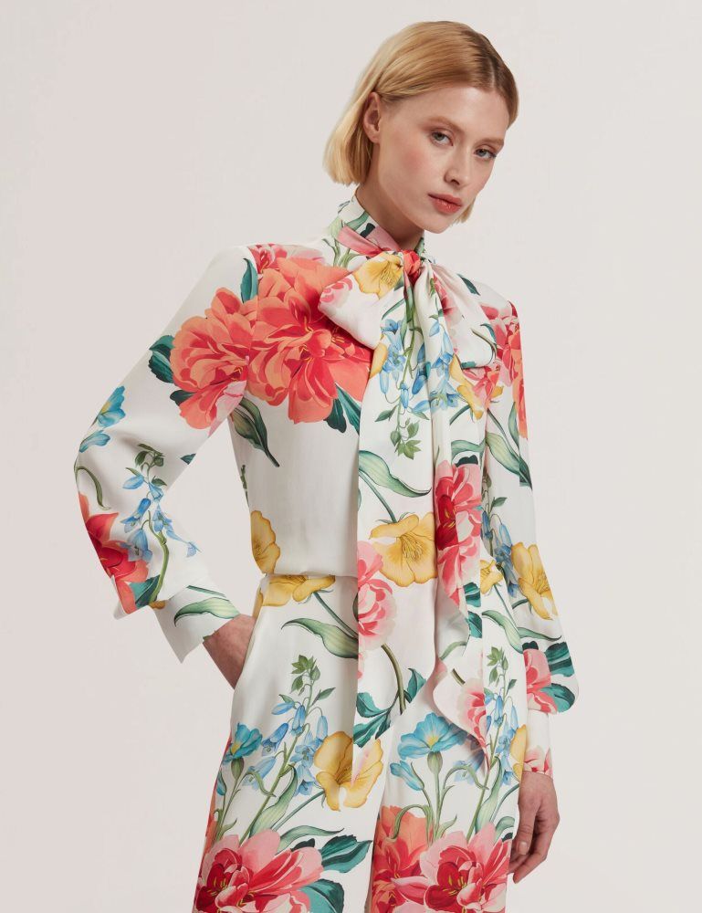 Ted Baker Luusile - Floral Print Tie Neck Long Sleeve Blouse T-shirts Damen Weiß | 960841-PRB