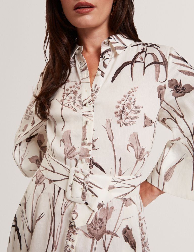 Ted Baker Luwisa - Floral Linen Silk Belted Midi Shirt Dress Kleid Damen Weiß | 789130-FMB