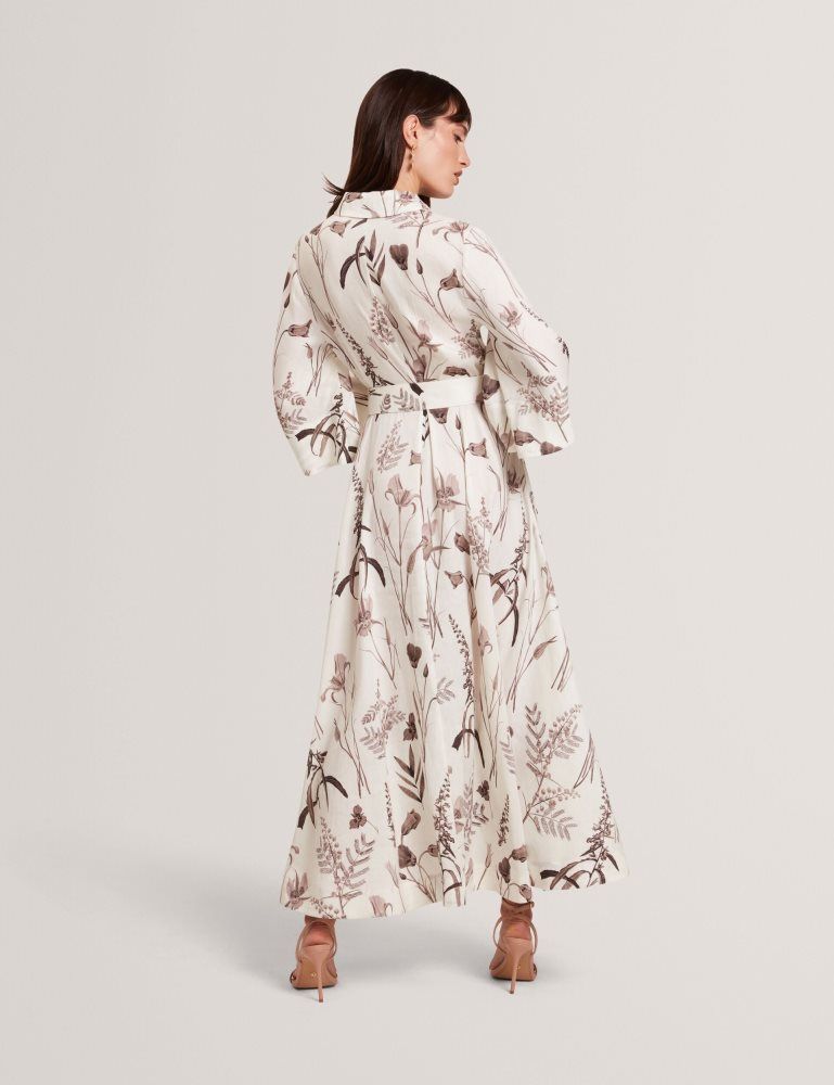 Ted Baker Luwisa - Floral Linen Silk Belted Midi Shirt Dress Kleid Damen Weiß | 789130-FMB