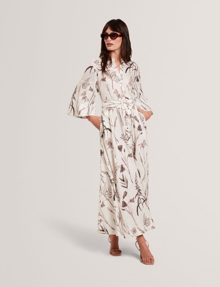 Ted Baker Luwisa - Floral Linen Silk Belted Midi Shirt Dress Kleid Damen Weiß | 789130-FMB