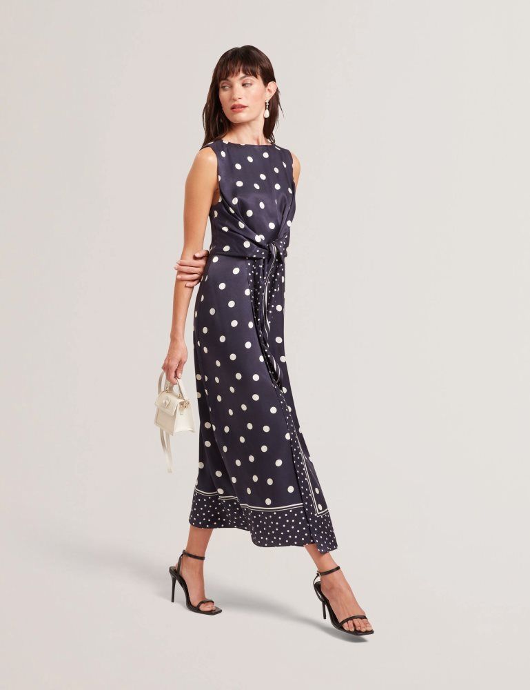 Ted Baker Malmoa - Polka Dot Tie Detail Column Midi Dress Kleid Damen Navy | 375904-GWM
