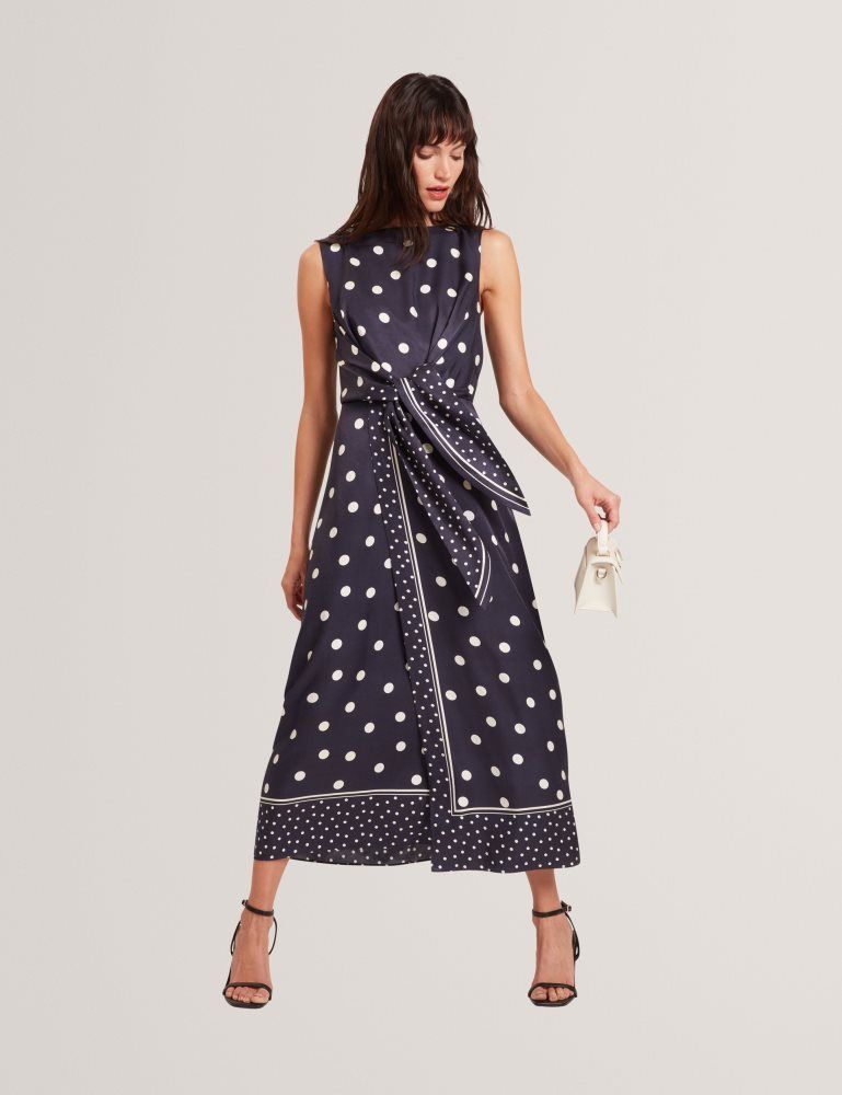 Ted Baker Malmoa - Polka Dot Tie Detail Column Midi Dress Kleid Damen Navy | 375904-GWM