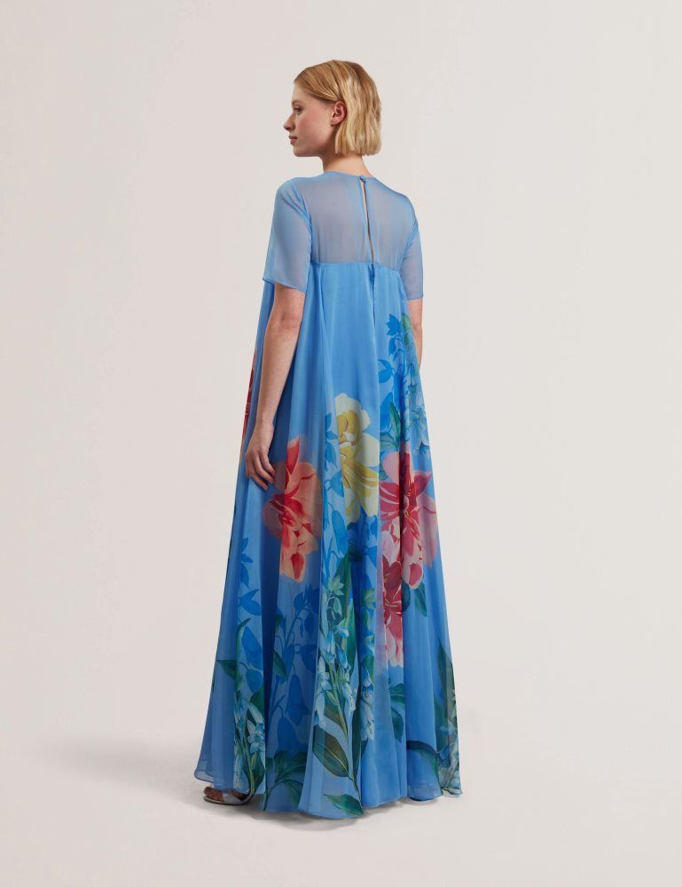 Ted Baker Malrie - Sheer Neck Floral Trapeze Maxi Dress Kleid Damen Blau | 498126-YUW