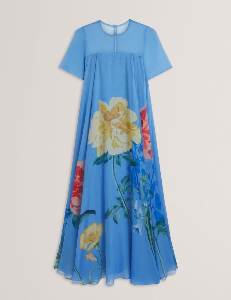 Ted Baker Malrie - Sheer Neck Floral Trapeze Maxi Dress Kleid Damen Blau | 498126-YUW