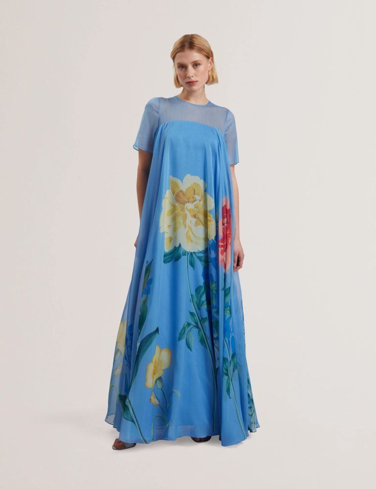 Ted Baker Malrie - Sheer Neck Floral Trapeze Maxi Dress Kleid Damen Blau | 498126-YUW