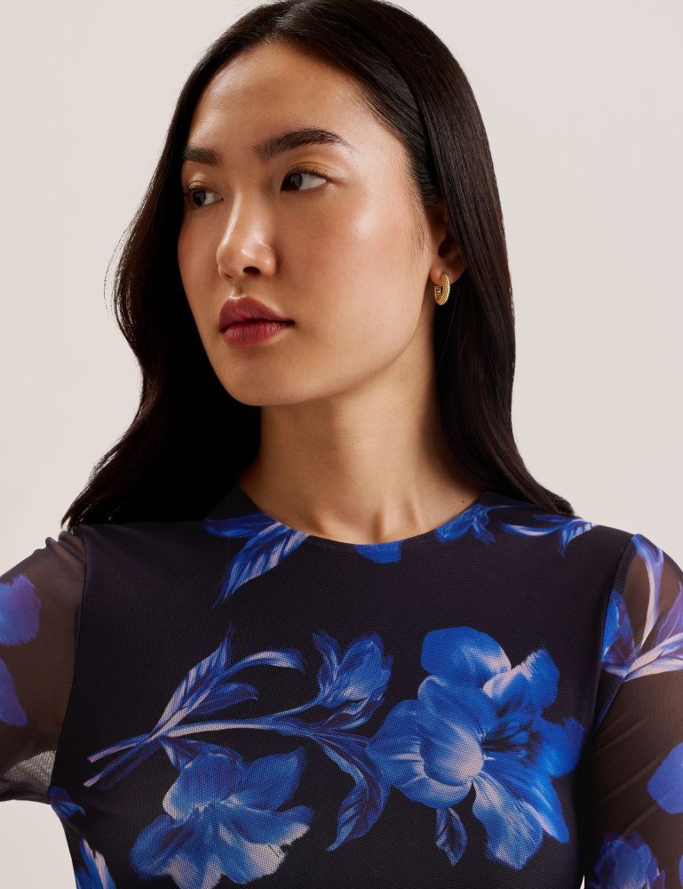 Ted Baker Marliyy - Floral Print Bodycon Mesh Midi Dress Kleid Damen Blau | 528619-TZV