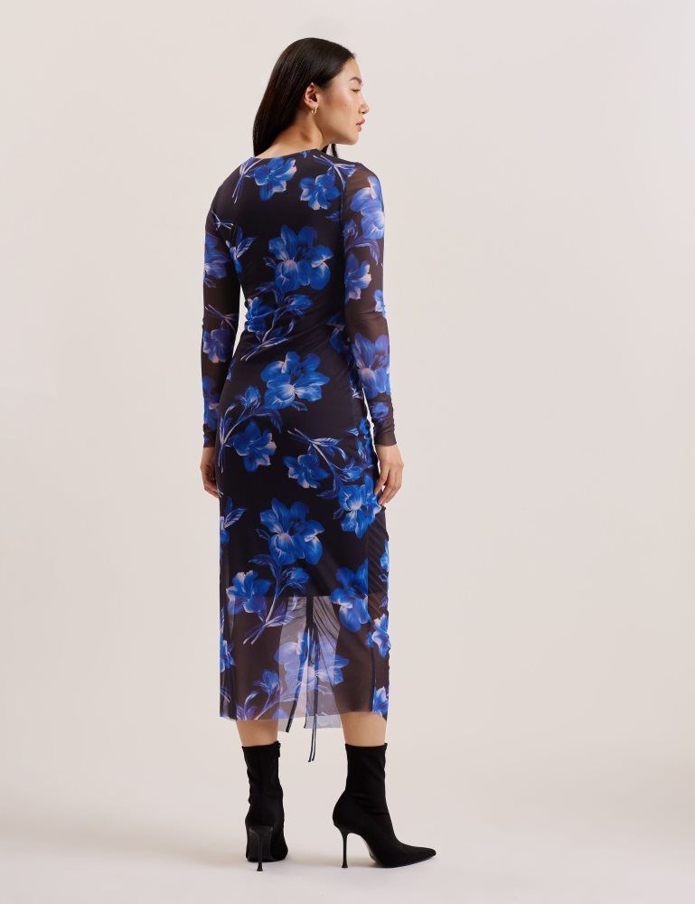 Ted Baker Marliyy - Floral Print Bodycon Mesh Midi Dress Kleid Damen Blau | 528619-TZV