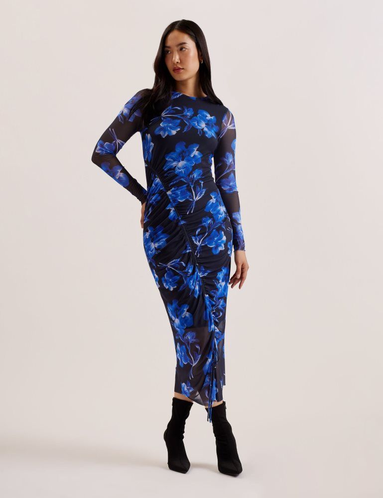 Ted Baker Marliyy - Floral Print Bodycon Mesh Midi Dress Kleid Damen Blau | 528619-TZV