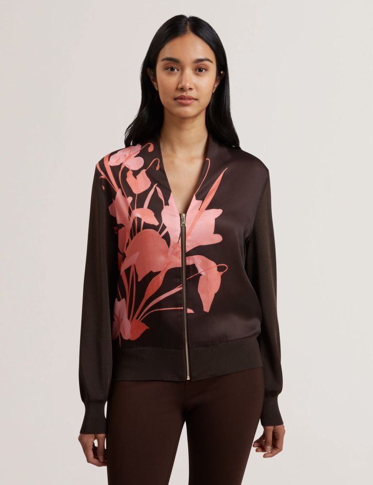 Ted Baker Matiina - Printed Front Zip-up Bomber Cardigan T-shirts Damen Braun | 592014-DME