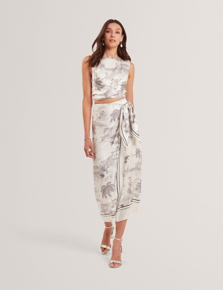 Ted Baker Melva - Printed Tie Detail Wrap Midi Skirt Röcke Damen Weiß | 375164-SKA