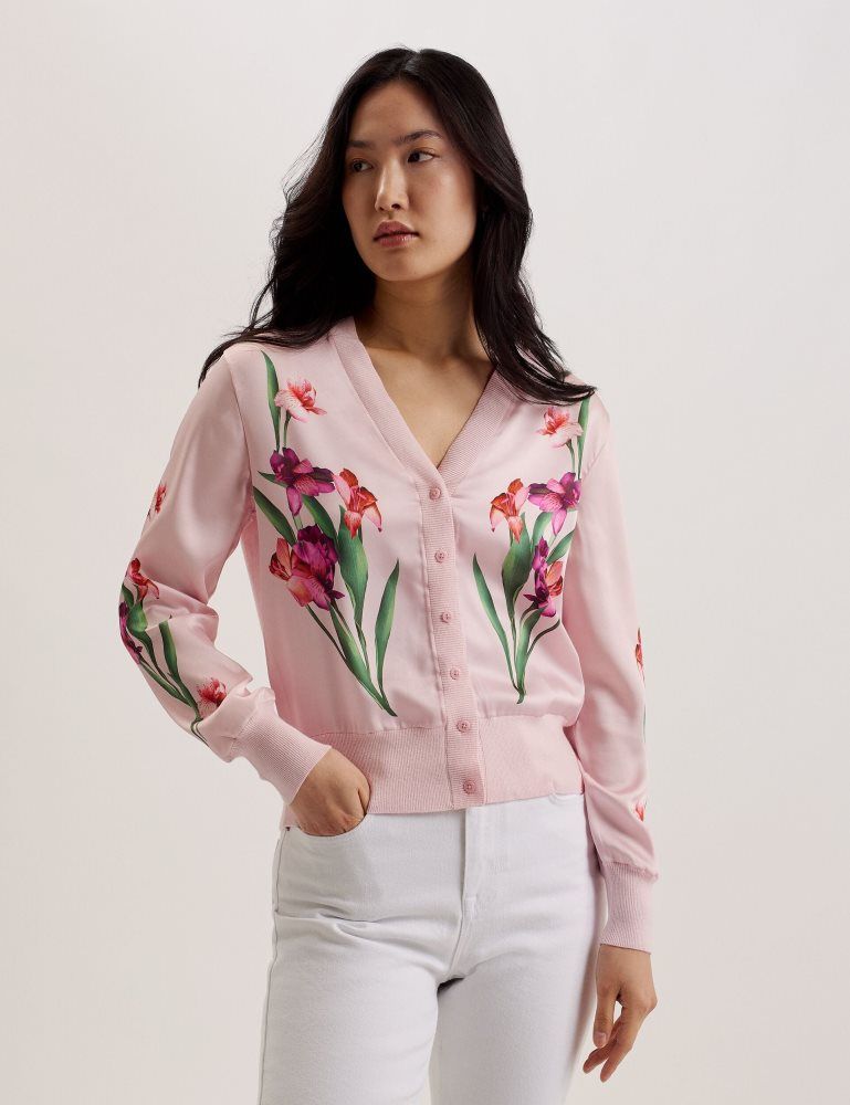 Ted Baker Meralll - Floral Woven Front V-neck Cardigan Pullover Damen Rosa | 136985-WNM