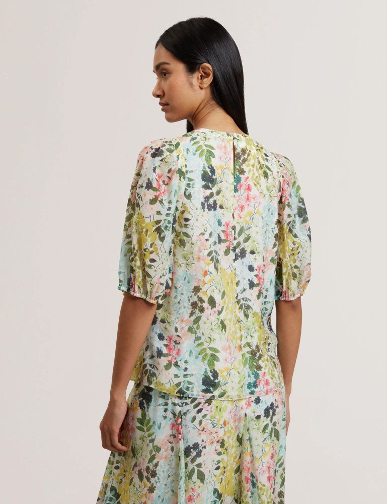 Ted Baker Micha - Floral Binding Detail Puffed Sleeve Blouse Anzüge Damen Weiß | 264398-NQE