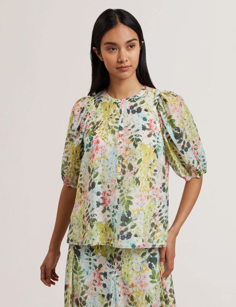 Ted Baker Micha - Floral Binding Detail Puffed Sleeve Blouse Anzüge Damen Weiß | 264398-NQE