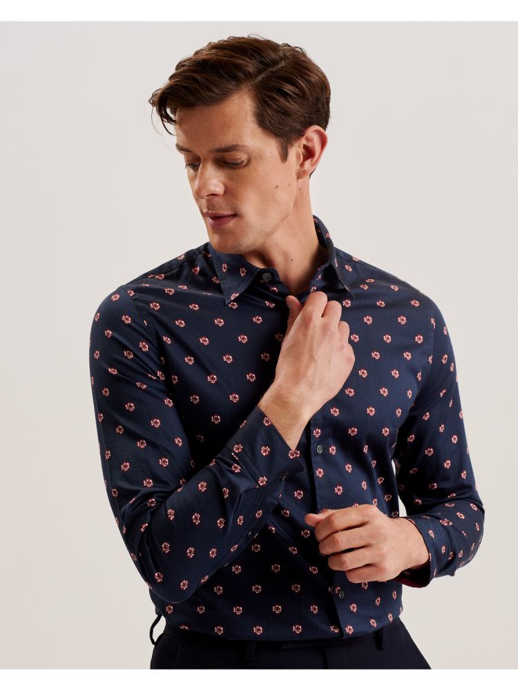 Ted Baker Mikceal - Floral Pattern Slim Fit Long Sleeve Shirt Hemd Herren Navy | 186032-XAG