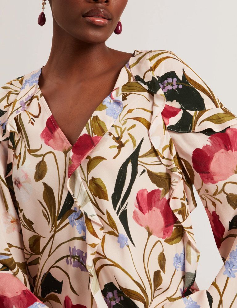 Ted Baker Minasa - Floral Print Frill Trim Long Sleeve Blouse Anzüge Damen Rosa | 362410-CUX
