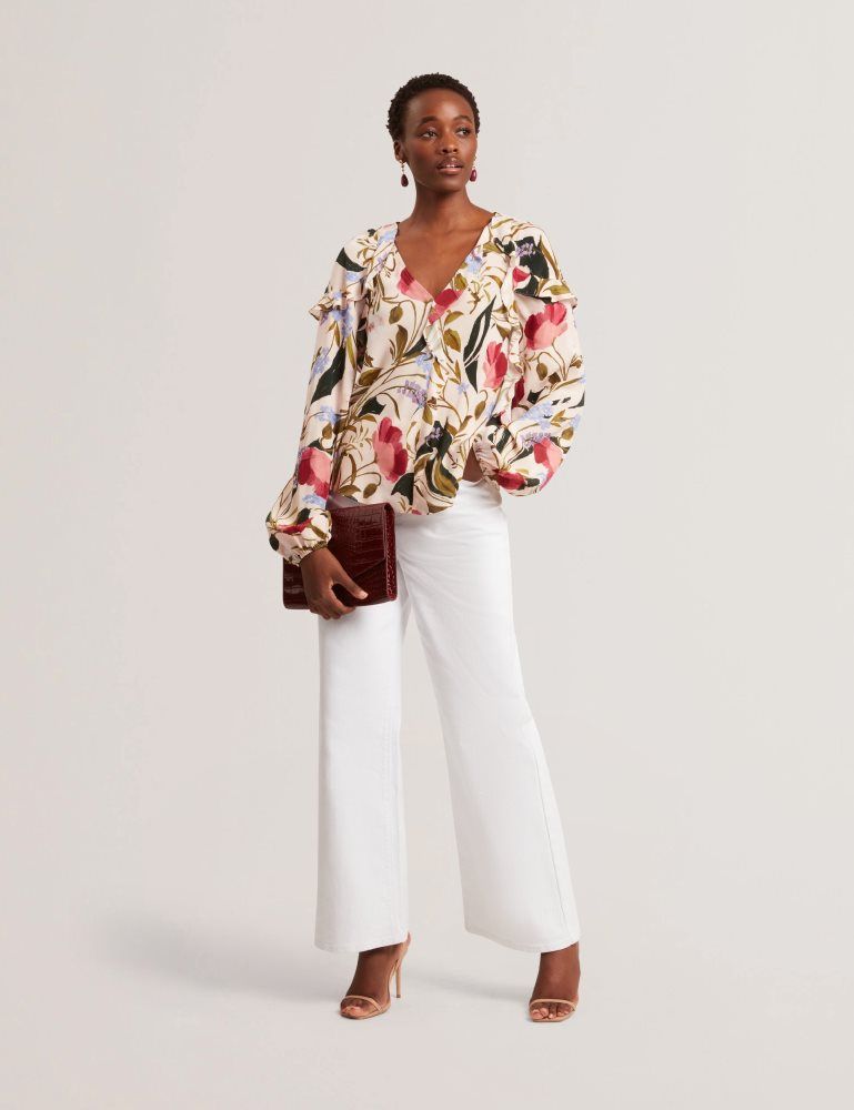 Ted Baker Minasa - Floral Print Frill Trim Long Sleeve Blouse Anzüge Damen Rosa | 362410-CUX