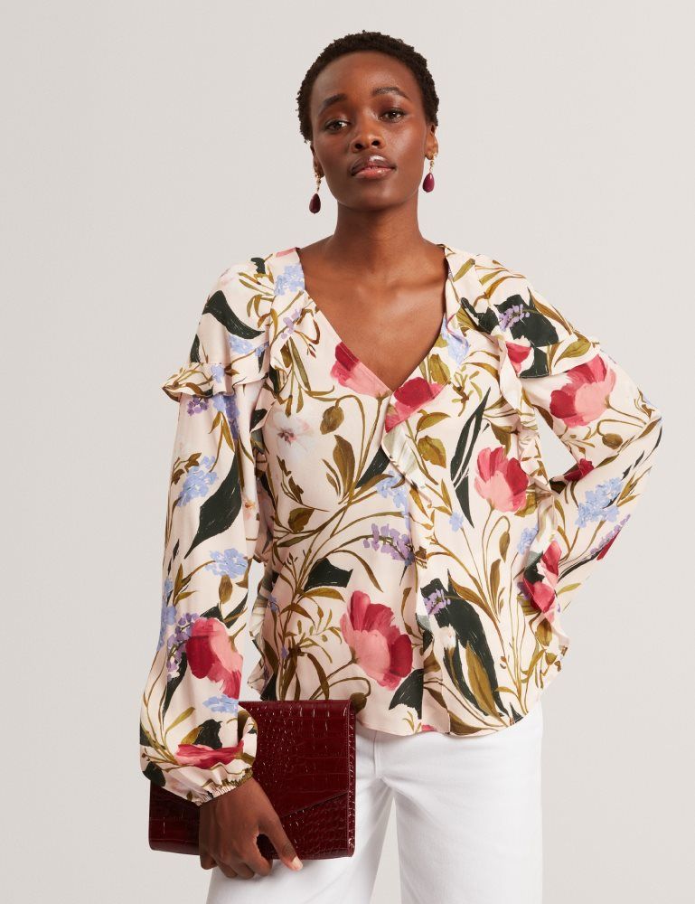 Ted Baker Minasa - Floral Print Frill Trim Long Sleeve Blouse Anzüge Damen Rosa | 362410-CUX