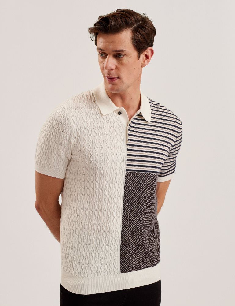 Ted Baker Minsta - Textured Patchwork Knit Polo Shirt Oberteile Herren Ecru | 438102-MZU