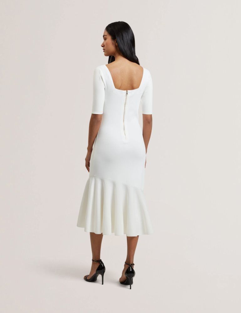 Ted Baker Miyhaa - Flippy Hem Square Neck Knitted Midi Dress Kleid Damen Weiß | 518649-TXW