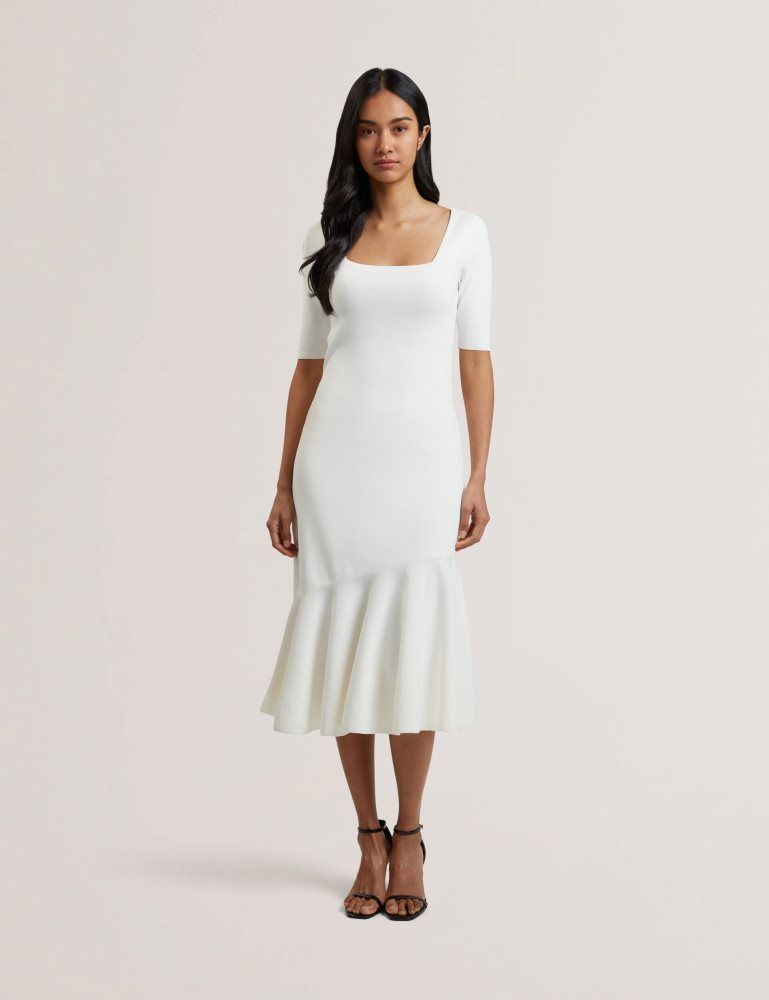 Ted Baker Miyhaa - Flippy Hem Square Neck Knitted Midi Dress Kleid Damen Weiß | 518649-TXW