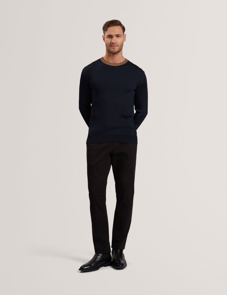 Ted Baker Nayor - Long Sleeve Rayon Ribbed Crew Neck Pullover Herren Navy | 709312-WHG