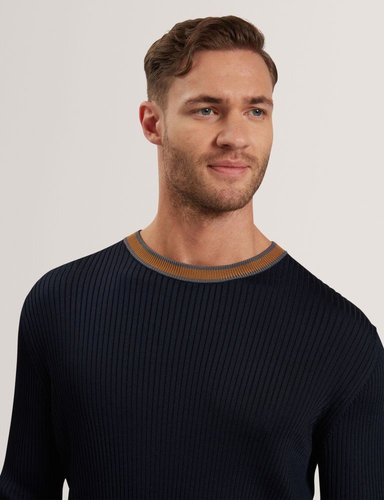 Ted Baker Nayor - Long Sleeve Rayon Ribbed Crew Neck Pullover Herren Navy | 709312-WHG