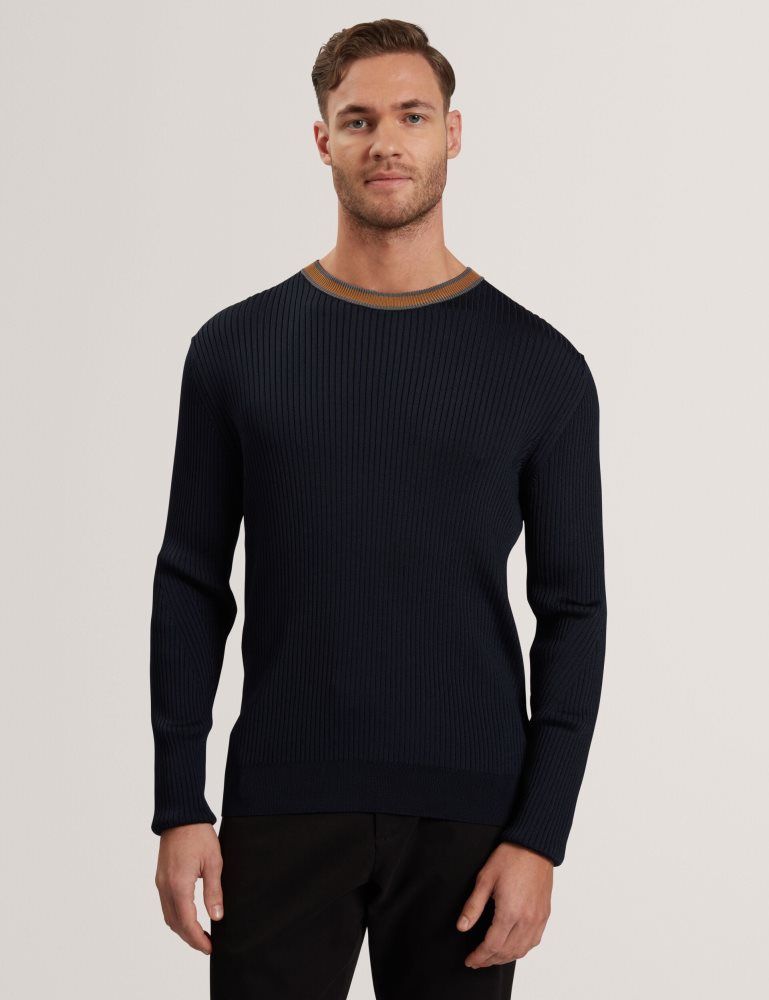 Ted Baker Nayor - Long Sleeve Rayon Ribbed Crew Neck Pullover Herren Navy | 709312-WHG