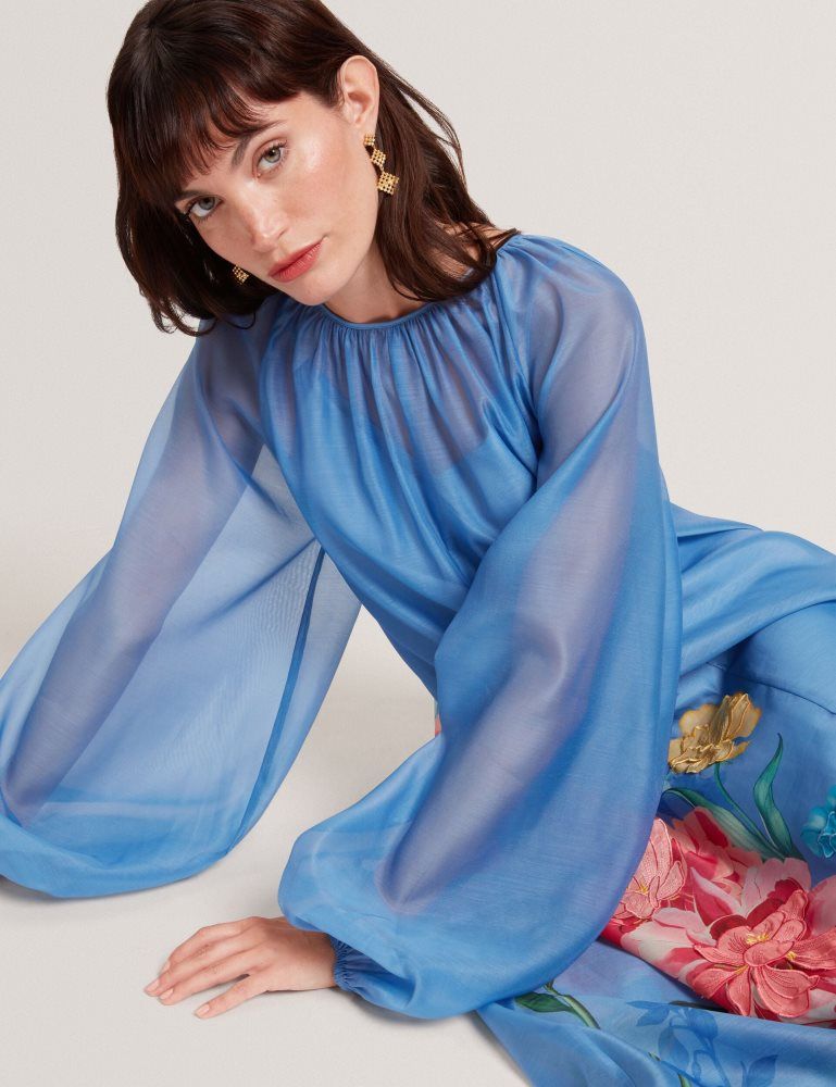 Ted Baker Niicoh - Volume Sleeve Organza Maxi Dress Kleid Damen Blau | 263071-KYG