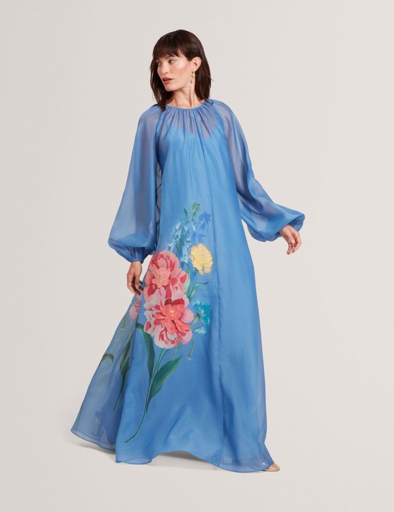 Ted Baker Niicoh - Volume Sleeve Organza Maxi Dress Kleid Damen Blau | 263071-KYG