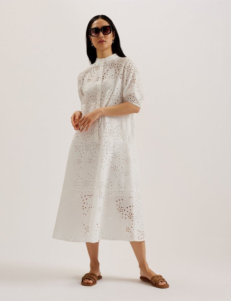 Ted Baker Nikaia - Oversized Broderie Dress Kleid Damen Weiß | 014975-NAB