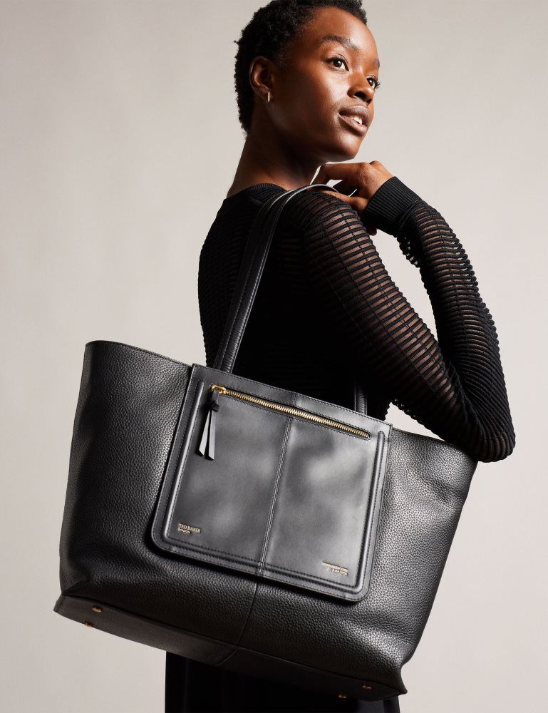 Ted Baker Nish - Wide Leather Shopper Bag With Zip Pocket Tragetaschen Damen Schwarz | 159803-VJW
