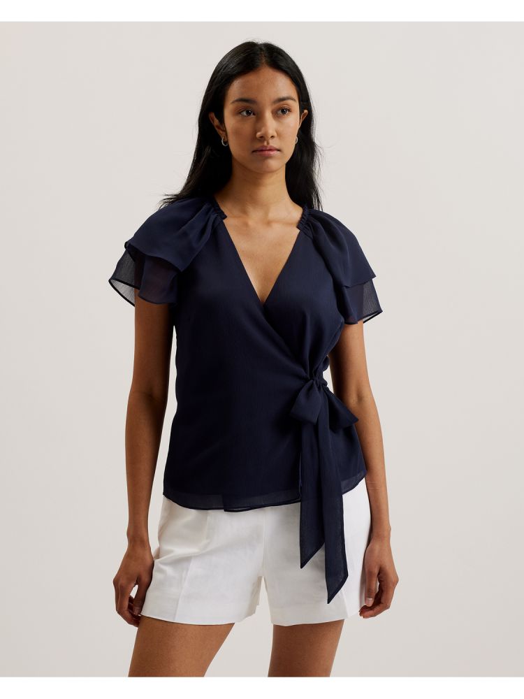 Ted Baker Nobora - Chiffon Frill Short Sleeve Wrap Top T-shirts Damen Blau | 583217-KPS