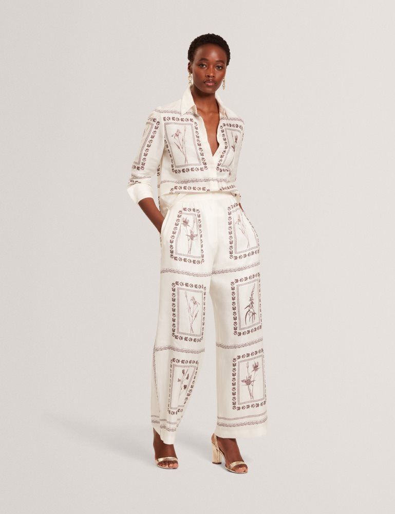 Ted Baker Ornitha - Panel Print Silk Linen Wide Leg Trousers Anzüge Damen Weiß | 683951-TSU