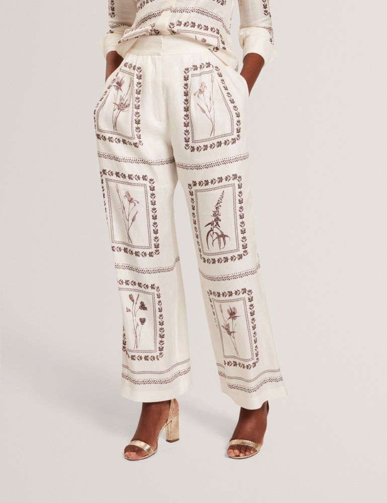 Ted Baker Ornitha - Panel Print Silk Linen Wide Leg Trousers Kurze Hose Damen Weiß | 764231-TXQ